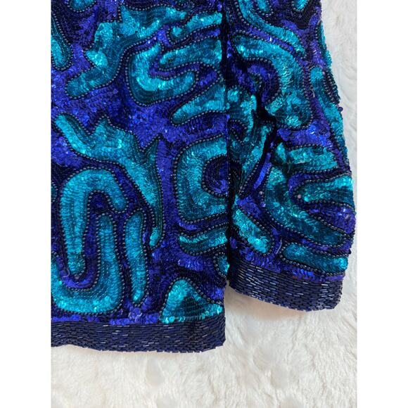 VTG 80s 90s Joan Leslie Studios Silk Sequin Beaded Abstract Glam Party Jacket Sm - Picture 8 of 10
